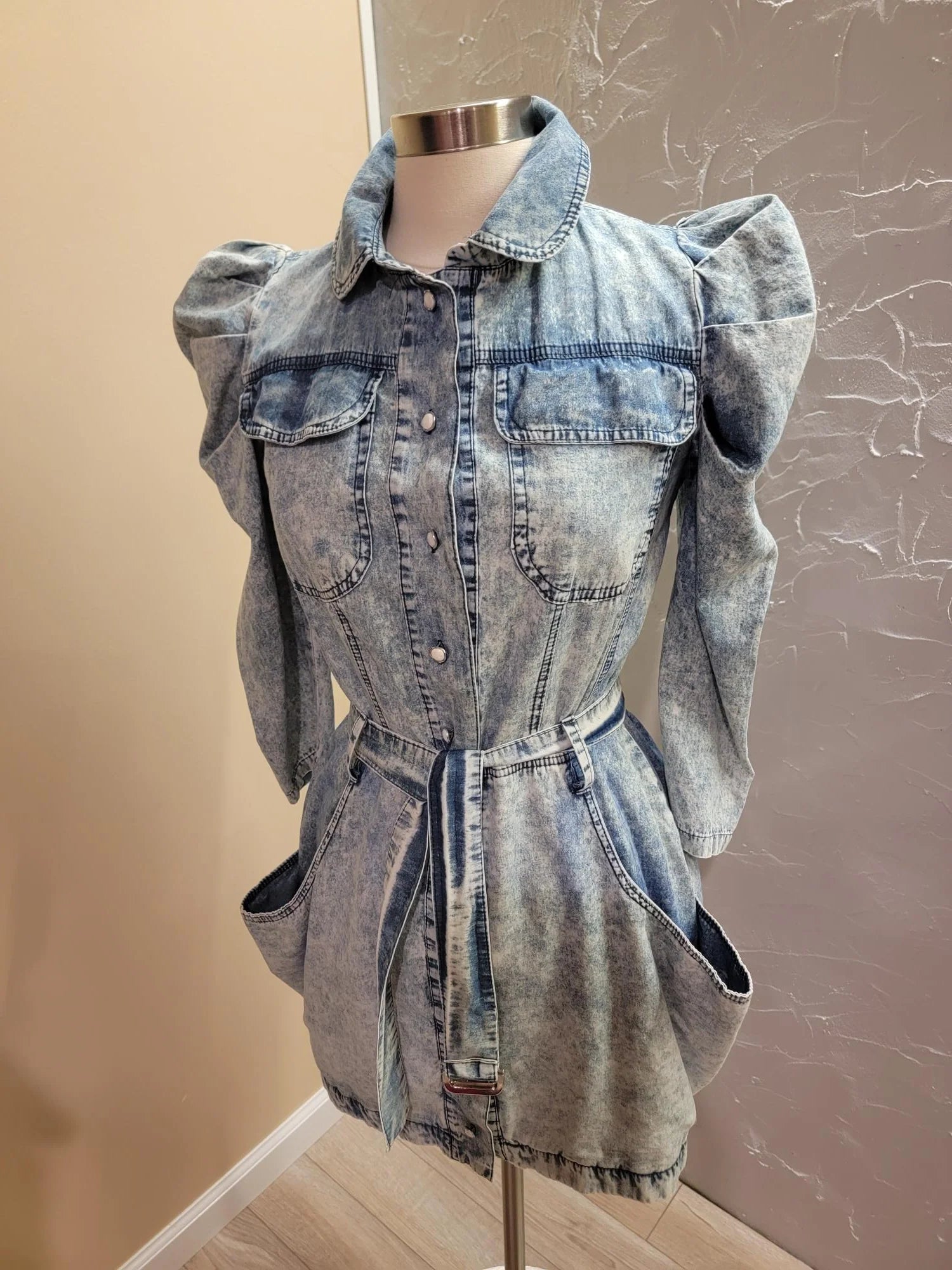 Puff Sleeves Soft Denim Dress