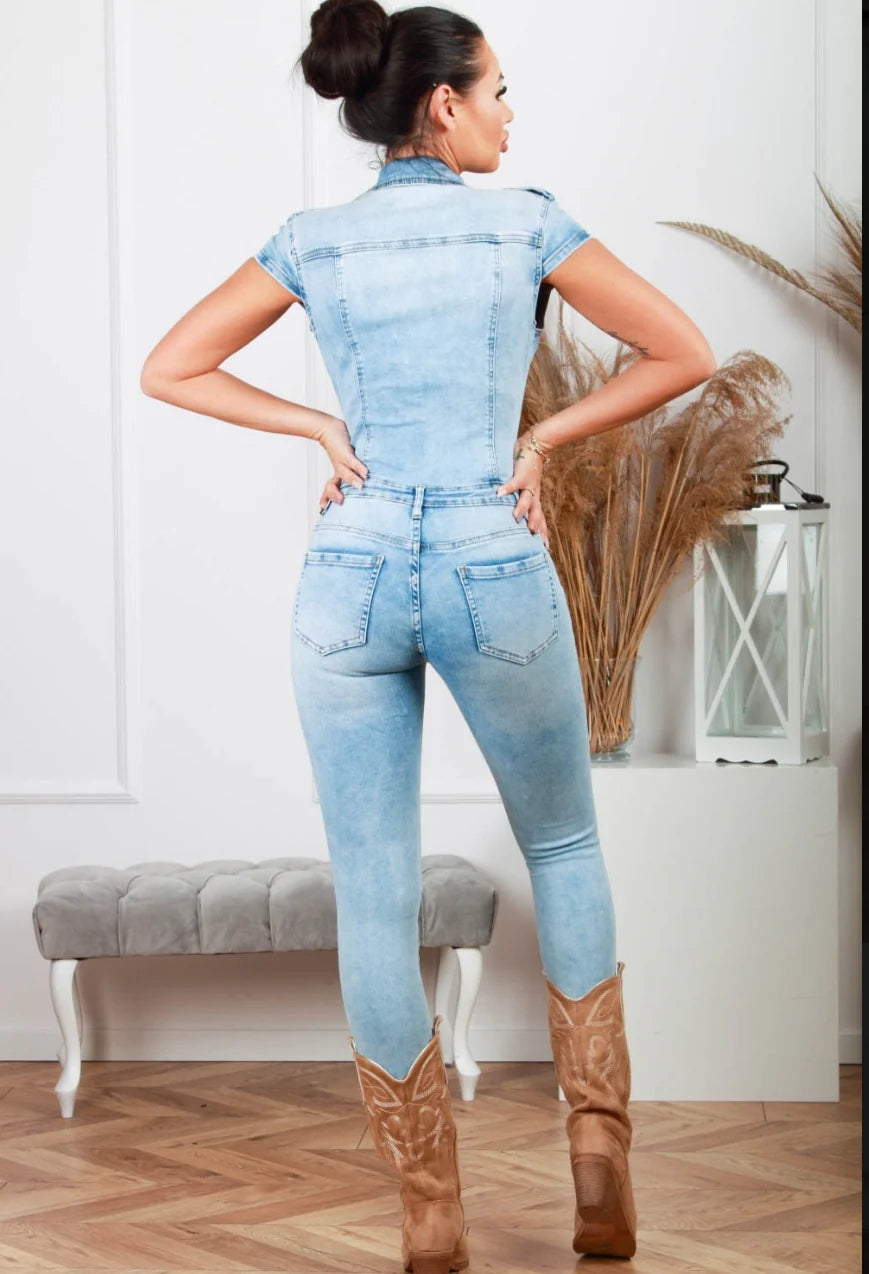 Short Sleeve Denim Jumpsuit