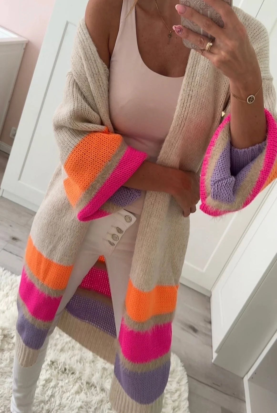 Long open Front cardigan with stripes