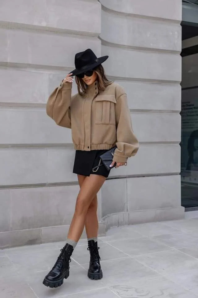 Short Wool Blended Bomber Jacket