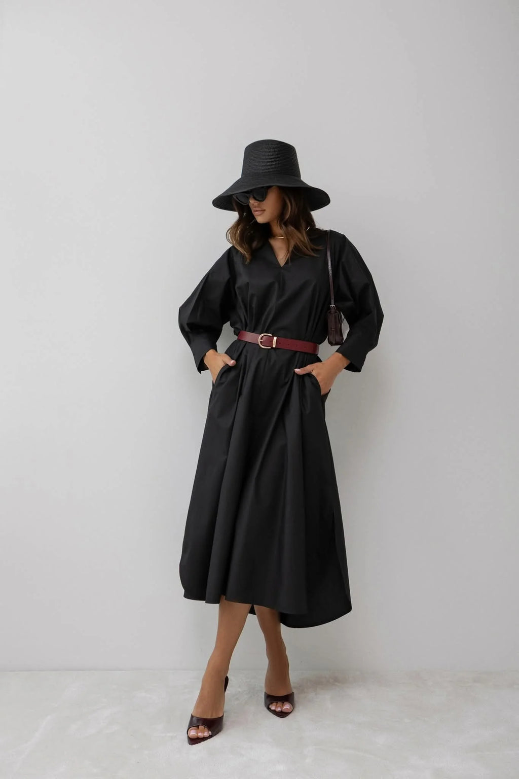 Shirt Style V Neck Dress with Belt