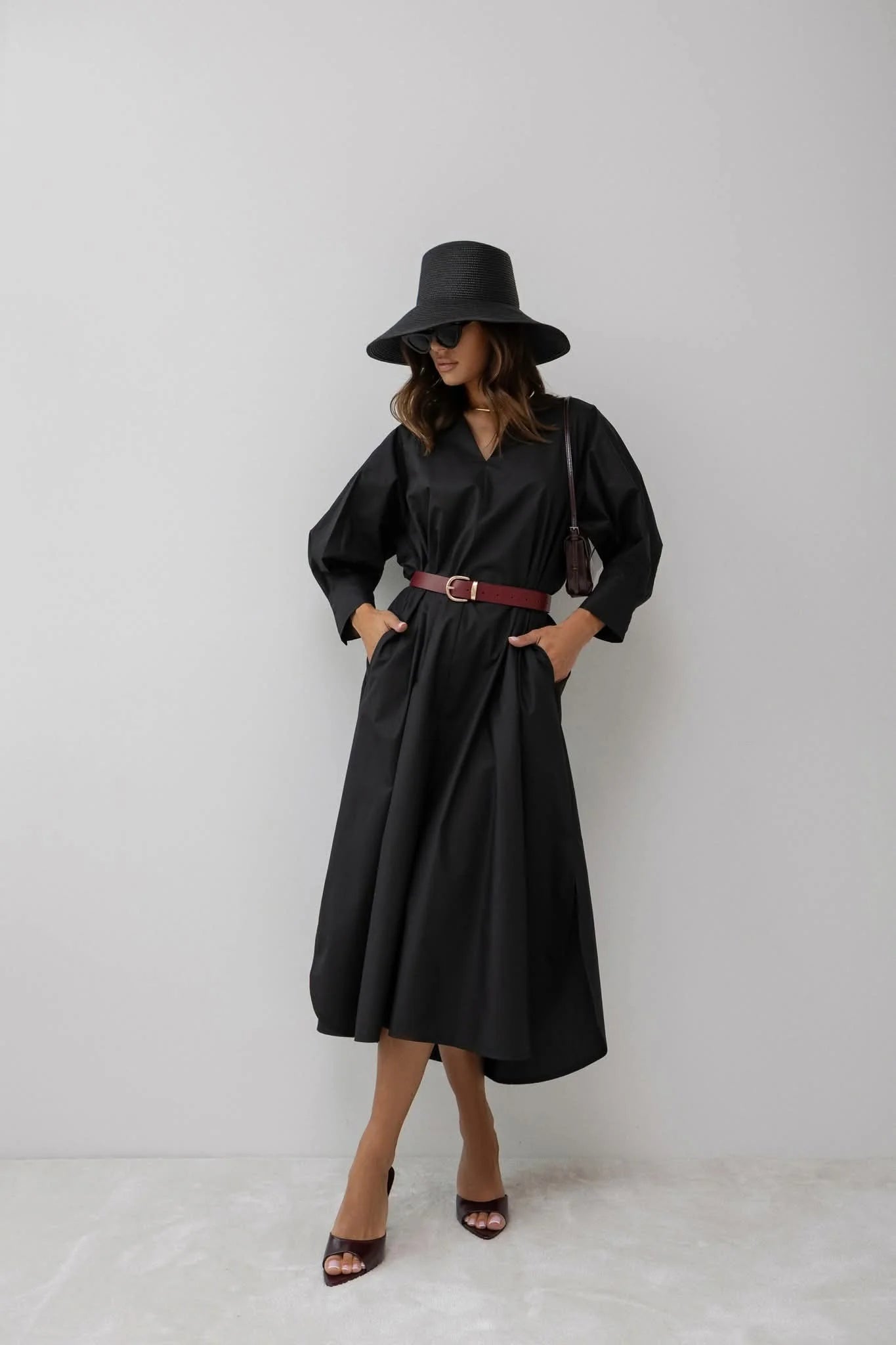 Shirt Style V Neck Dress with Belt