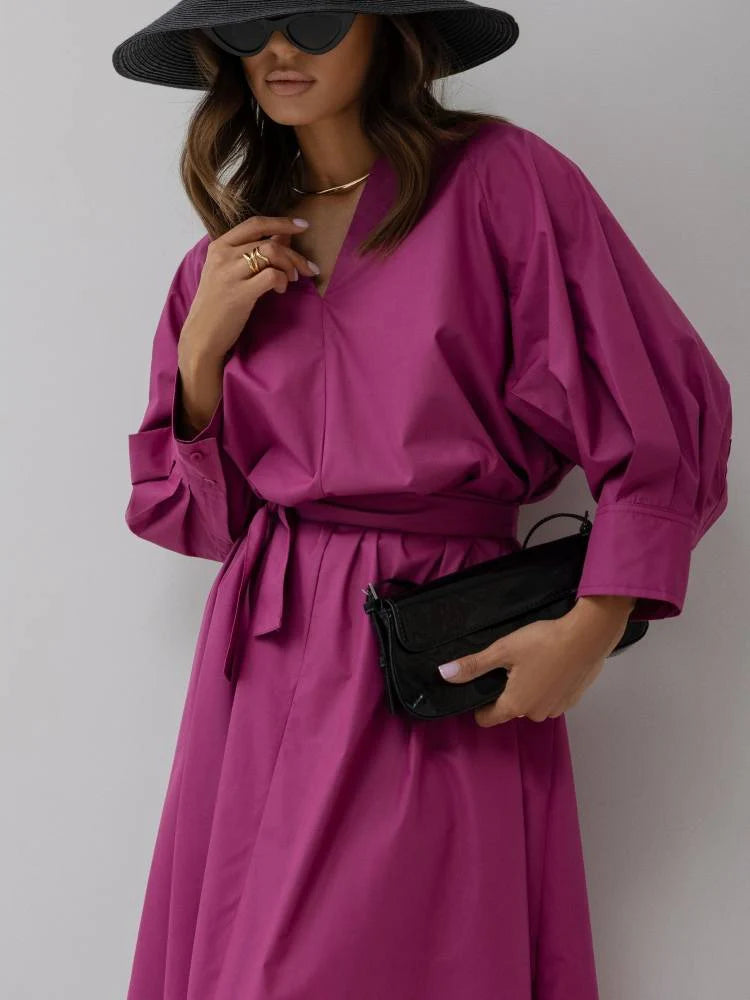 Shirt Style V Neck Dress with Belt