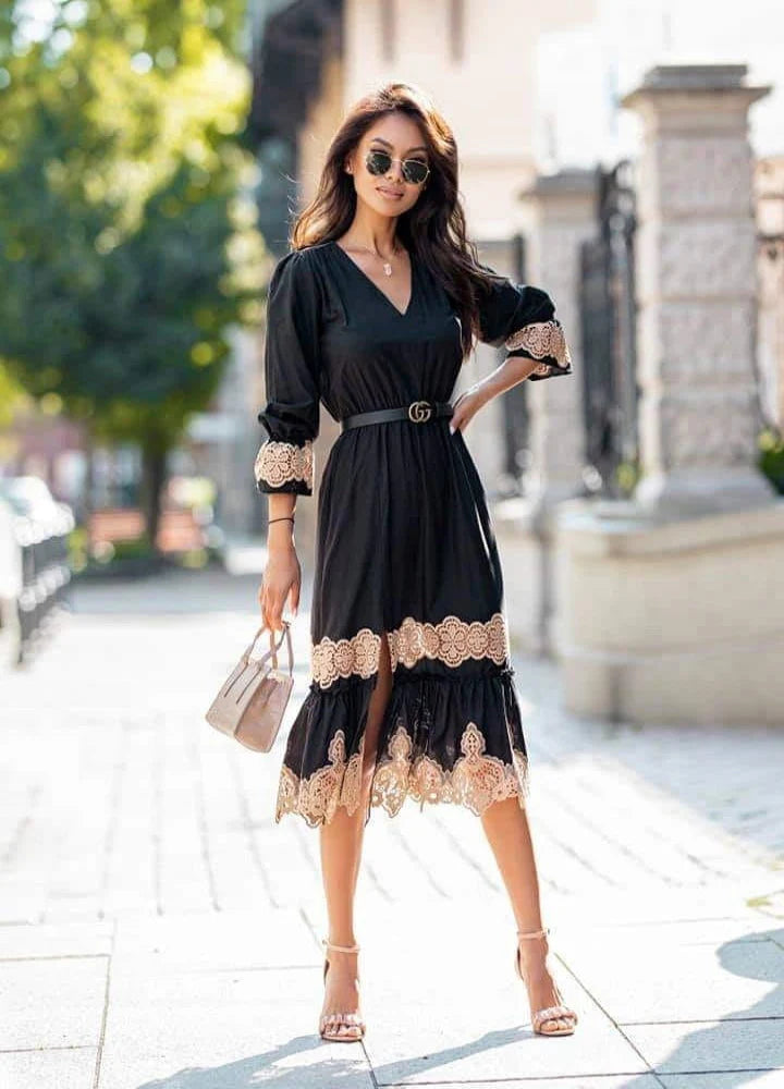 Black V Neck Dress with Lace