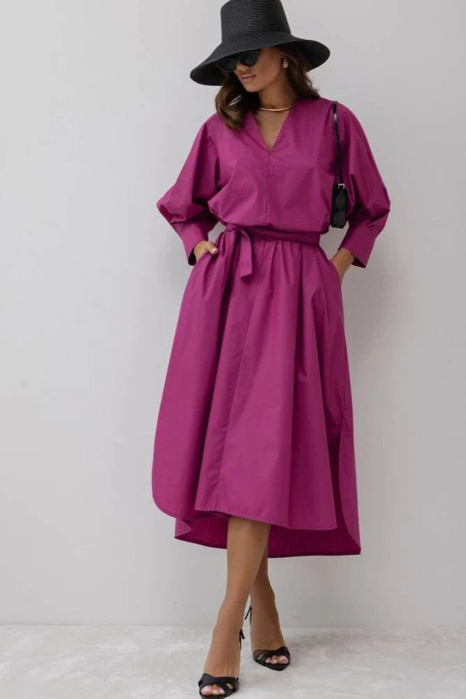 Shirt Style V Neck Dress with Belt