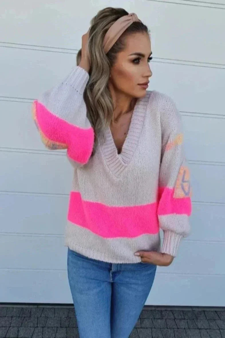 V Neck beige sweater with hot pink stripes