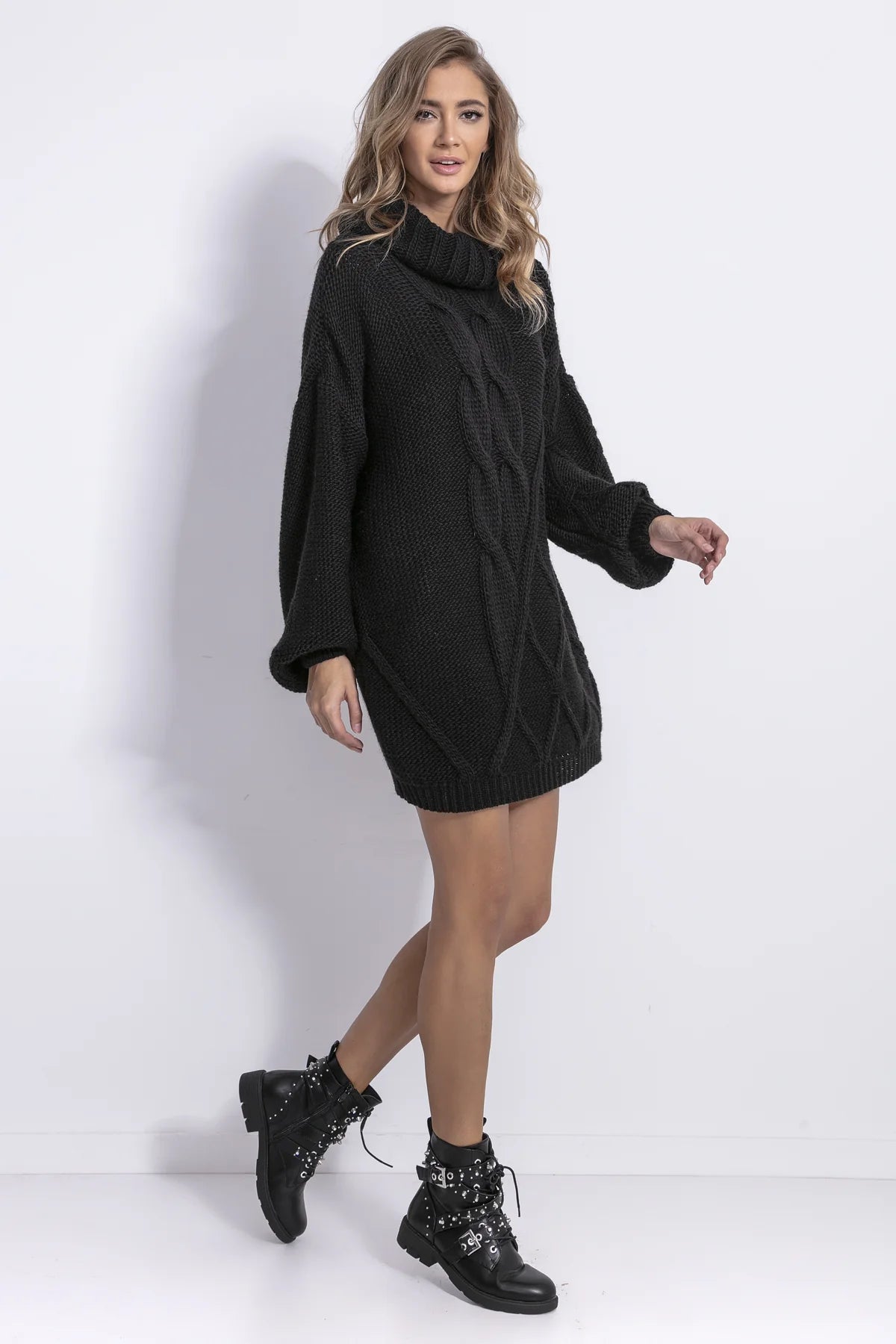 Balloon-Sleeve Cable-Knit Sweater Dress