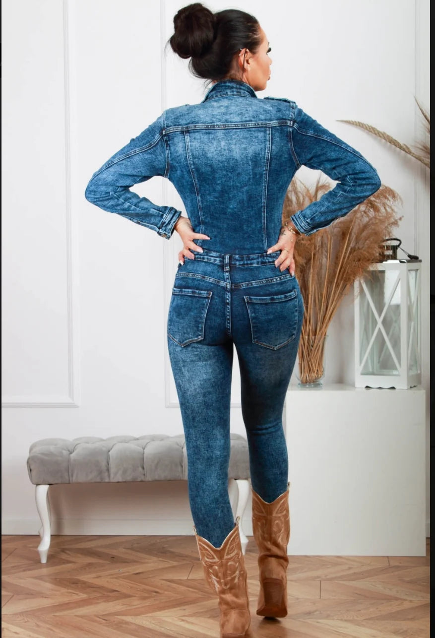 Denim Jumpsut with Zipper and Colar