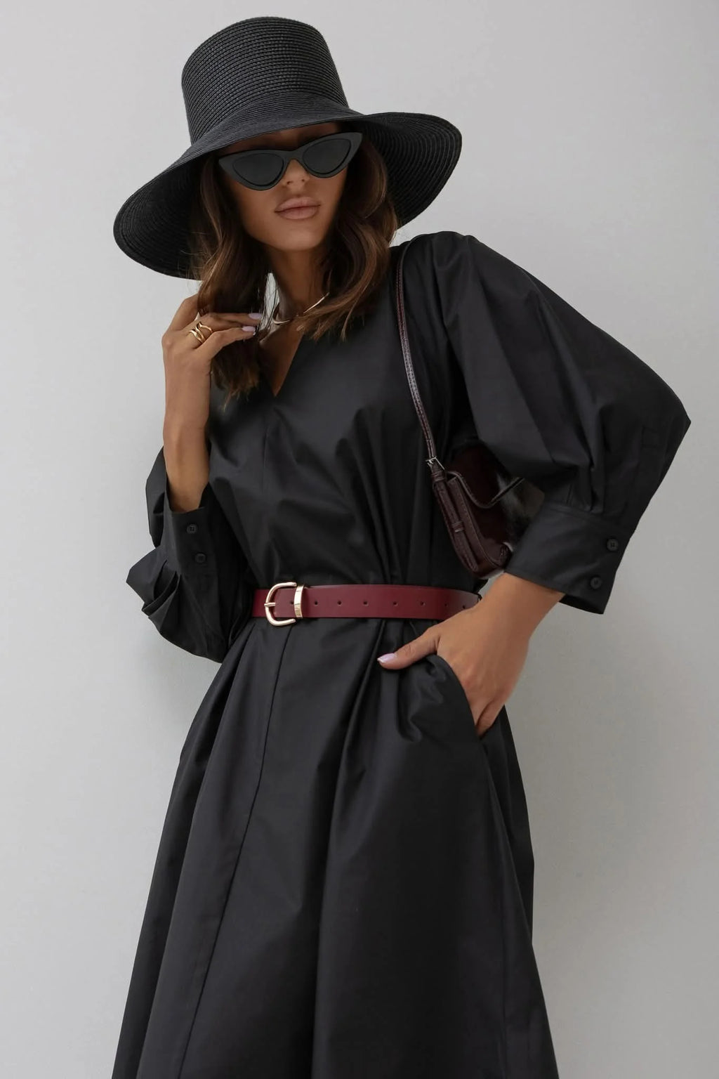Shirt Style V Neck Dress with Belt