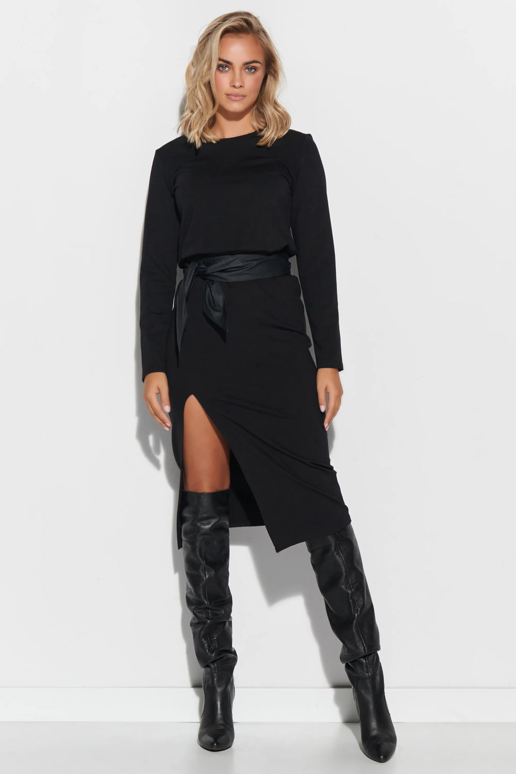 Fitted Dress with Belt and slit