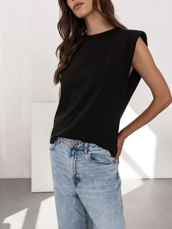 Crew Neck Padded Shoulder Top