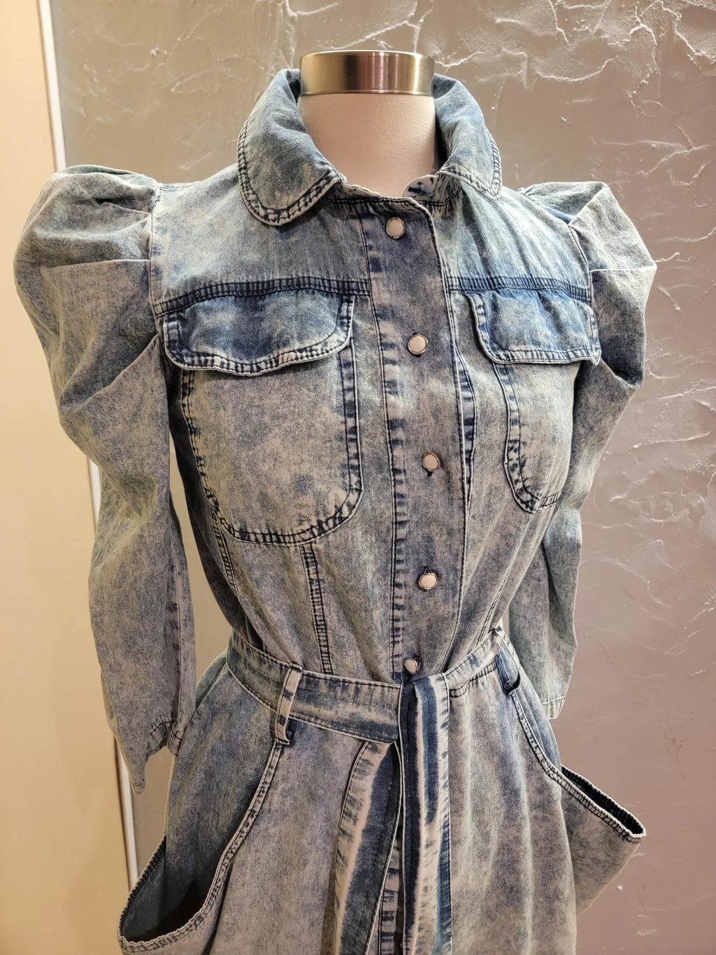 Puff Sleeves Soft Denim Dress