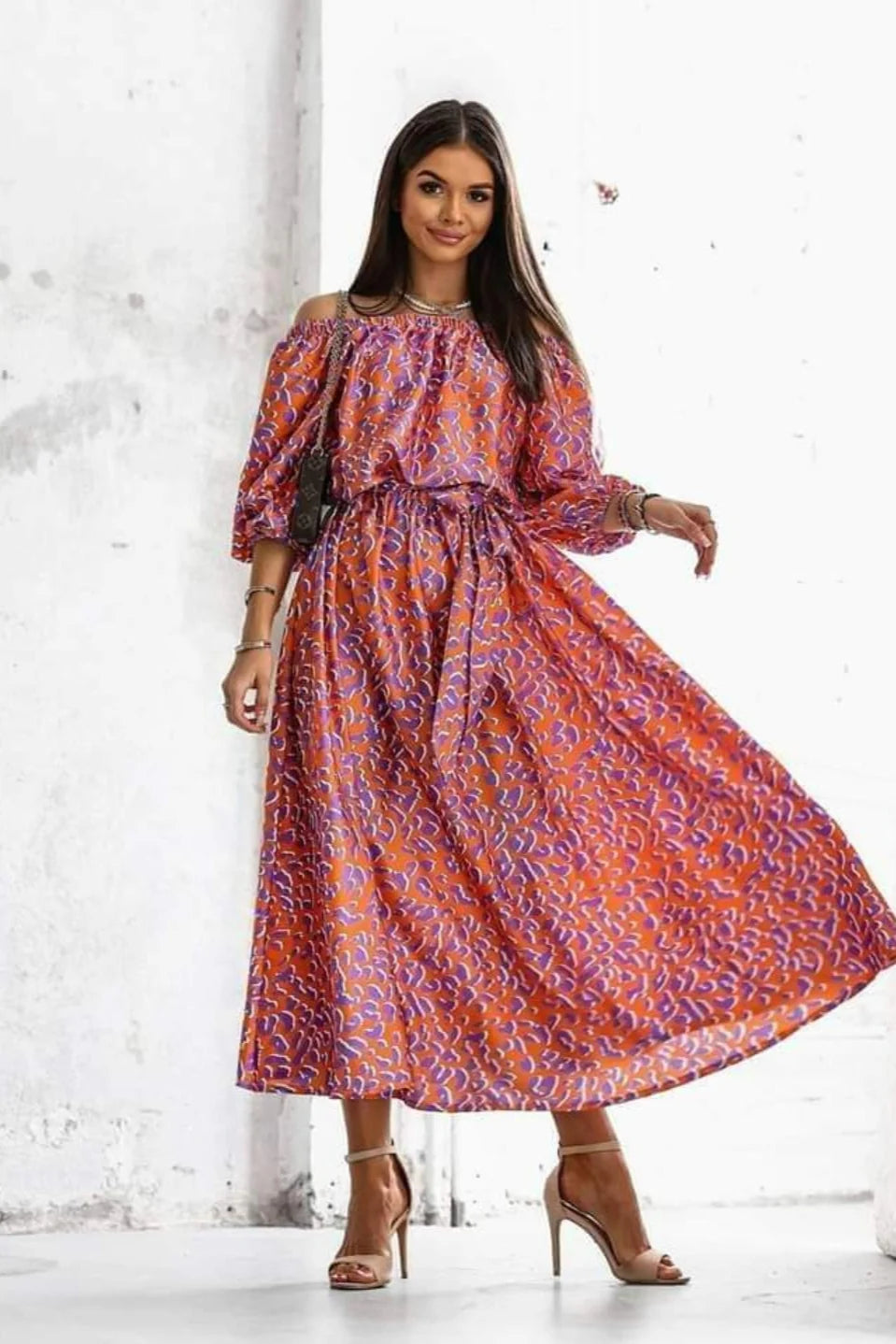 Off the shoulder maxi dress with belt