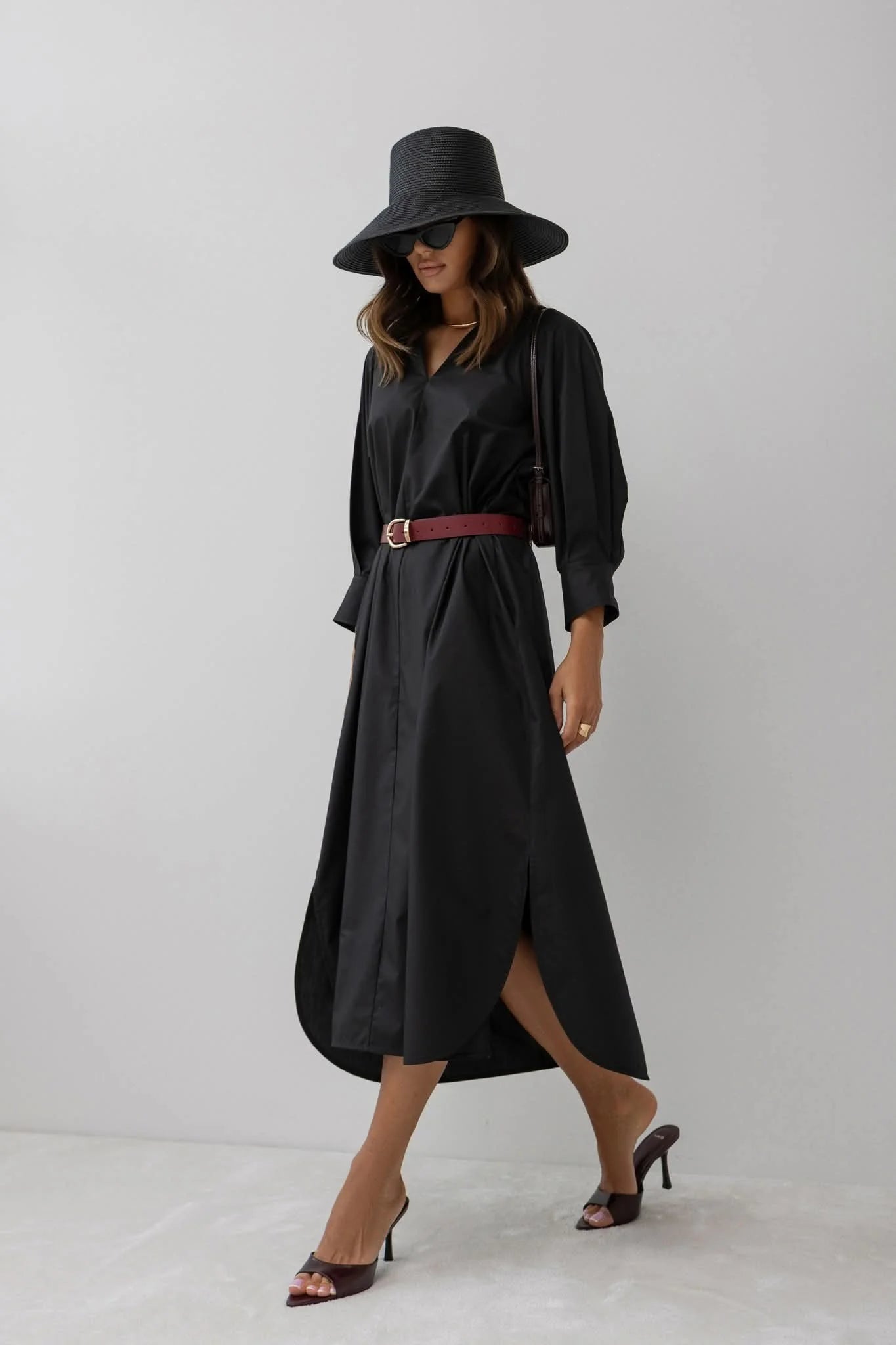 Shirt Style V Neck Dress with Belt