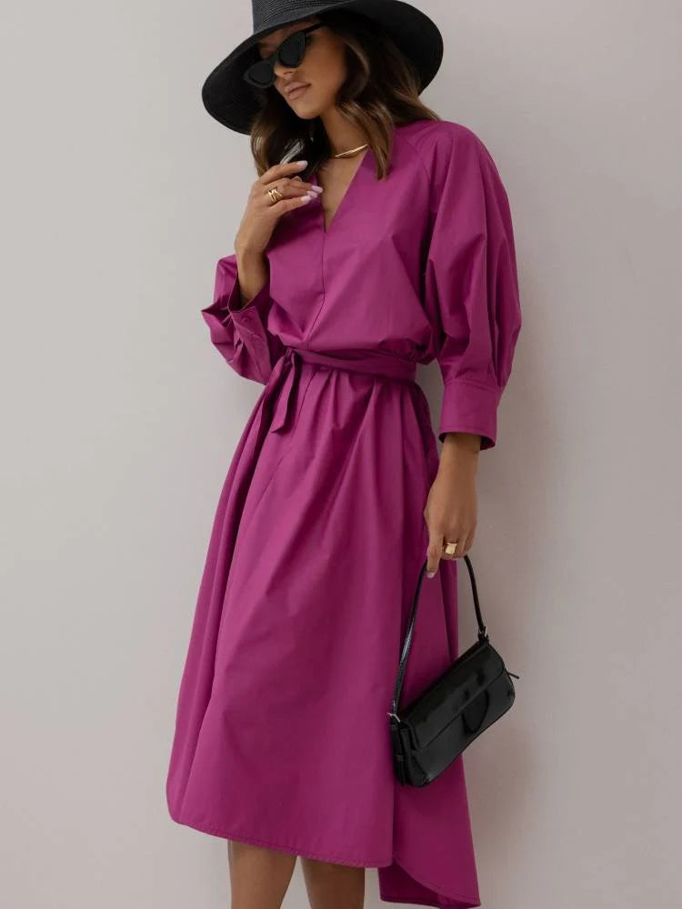 Shirt Style V Neck Dress with Belt
