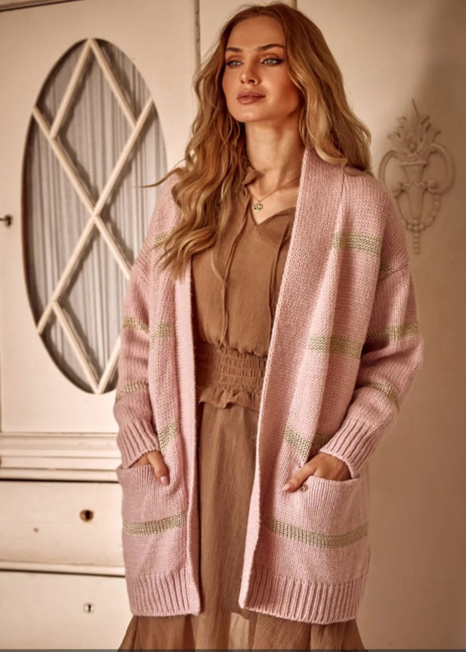 Open Front Cardigan with gold stripes